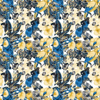 Kuşların, tropik çiçeklerin ve yaprakların olduğu kusursuz bir suluboya deseni. Her türlü tasarım için parlak bir yaz baskısı. Egzotik orman hayvanı duvar kağıdı. Moda baskısı.