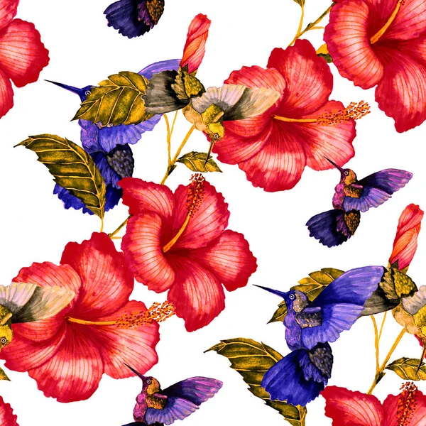 Mooie Aquarel Naadloos Patroon Met Vogels Tropische Bloemen Bladeren Heldere — Stockfoto