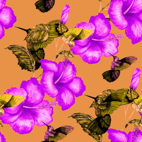 Padrão Sem Costura Aquarela Bonita Com Pássaros Flores Folhas Tropicais — Fotografia de Stock