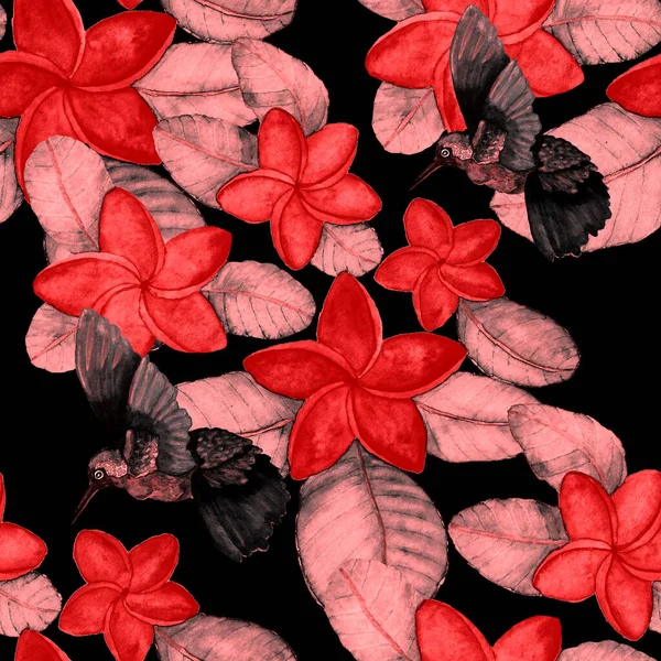 Kuşların, tropik çiçeklerin ve yaprakların olduğu kusursuz bir suluboya deseni. Her türlü tasarım için parlak bir yaz baskısı. Egzotik orman hayvanı duvar kağıdı. Moda baskısı.