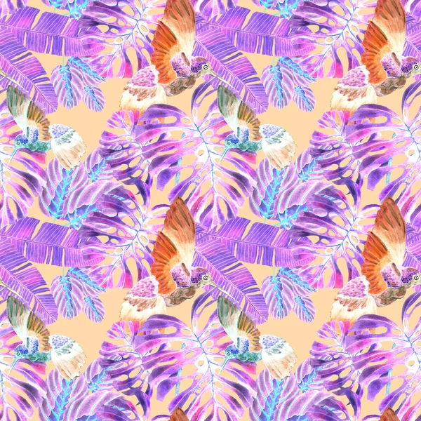 Vacker Akvarell Sömlöst Mönster Med Fåglar Och Tropiska Blommor Och — Stockfoto