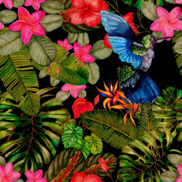 Kuşların Tropik Çiçeklerin Yaprakların Olduğu Kusursuz Bir Suluboya Deseni Her — Stok fotoğraf