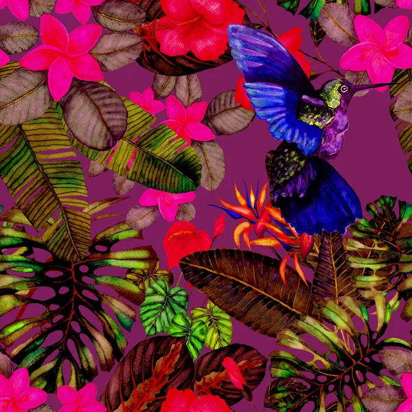 Όμορφη Ακουαρέλα Αδιάλειπτη Μοτίβο Πουλιά Και Τροπικά Λουλούδια Και Φύλλα — Φωτογραφία Αρχείου