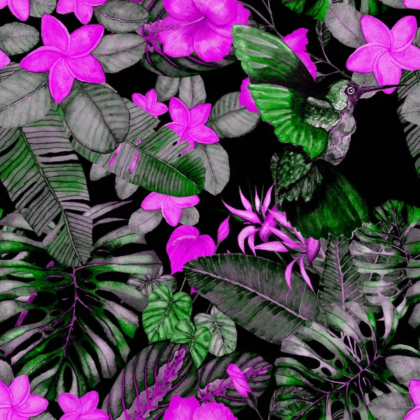 美丽的水彩画图案 热带花卉和树叶交织在一起 任何类型的设计都有鲜艳的夏装图案 奇异的丛林动物壁纸 时尚印刷品 — 图库照片