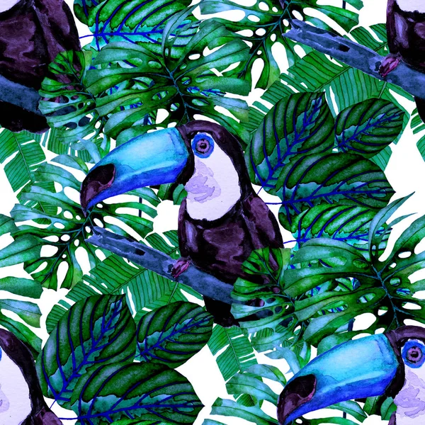 Bella Acquerello Modello Senza Soluzione Continuità Con Uccelli Fiori Tropicali — Foto Stock