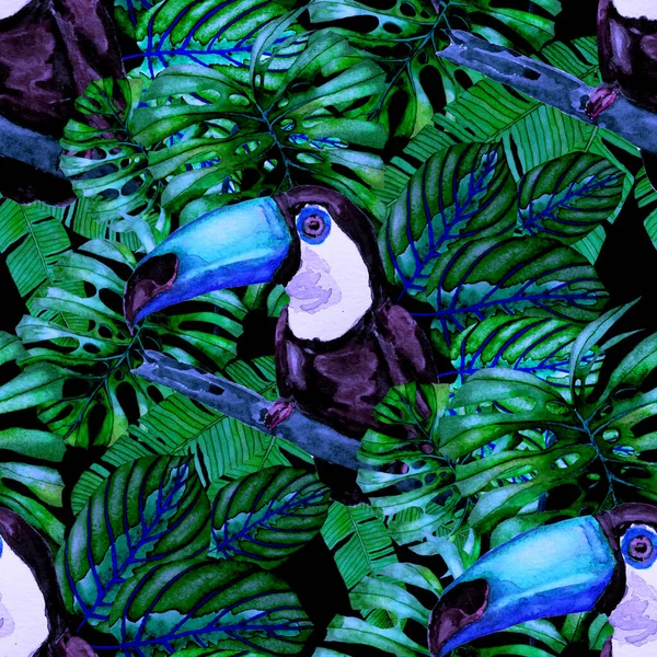Hermoso Patrón Acuarela Sin Costuras Con Aves Flores Hojas Tropicales — Foto de Stock