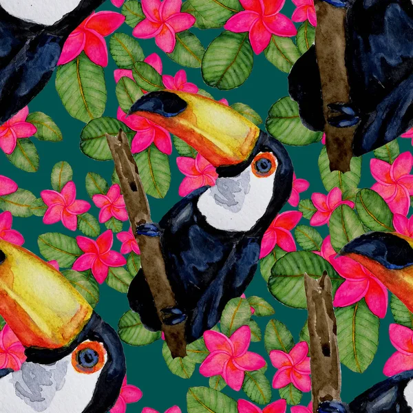Piękny Akwarela Bezszwowy Wzór Ptakami Tropikalnych Kwiatów Liści Jasny Letni — Zdjęcie stockowe