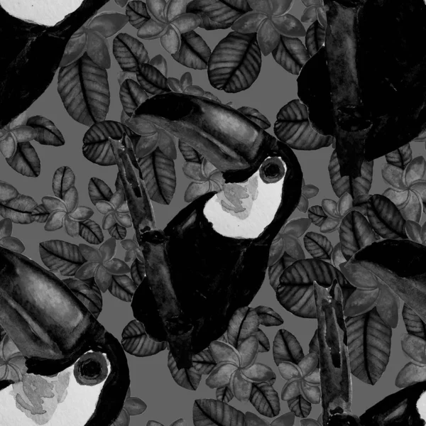 Mooie Aquarel Naadloos Patroon Met Vogels Tropische Bloemen Bladeren Heldere — Stockfoto