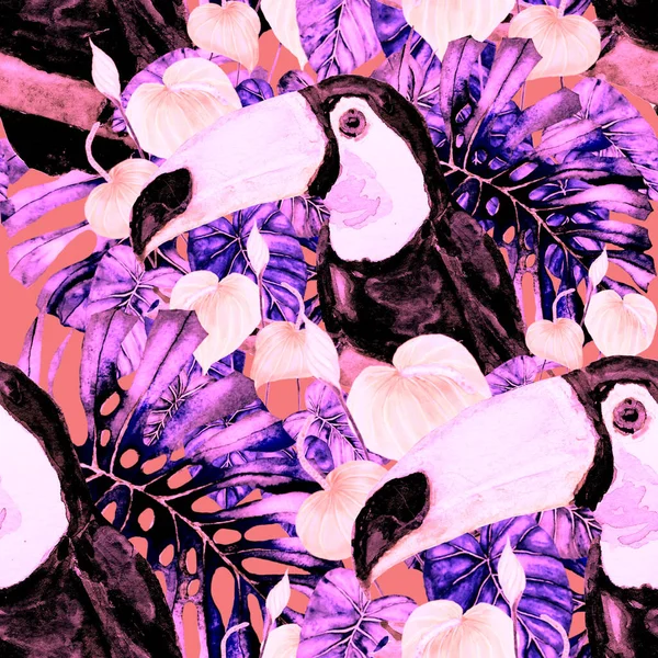 Krásná Akvarel Bezešvný Vzor Ptáky Tropické Květiny Listy Jasné Letní — Stock fotografie