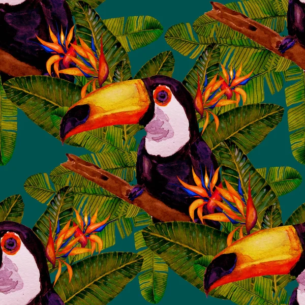 Hermoso Patrón Acuarela Sin Costuras Con Aves Flores Hojas Tropicales — Foto de Stock