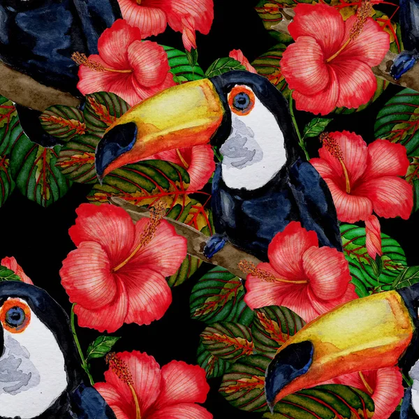 Schöne Aquarell Nahtlose Muster Mit Vögeln Und Tropischen Blumen Und — Stockfoto