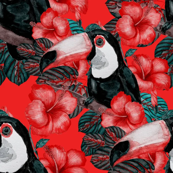 鳥や熱帯の花や葉と美しい水彩シームレスパターン どんなデザインのための明るい夏のプリント エキゾチックなジャングルの動物の壁紙 ファッション Print — ストック写真