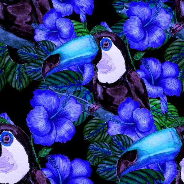 Hermoso Patrón Acuarela Sin Costuras Con Aves Flores Hojas Tropicales —  Fotos de Stock