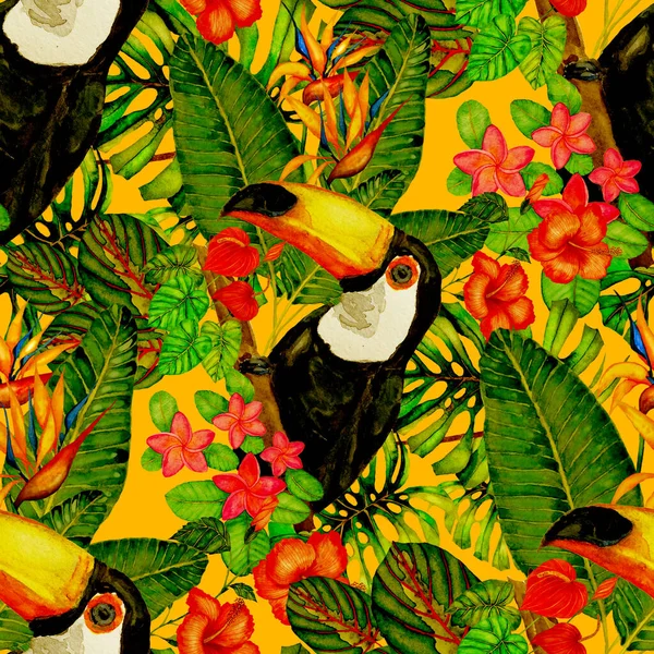 Красивий Акварельний Безшовний Візерунок Птахами Тропічними Квітами Листям Яскравий Літній — стокове фото
