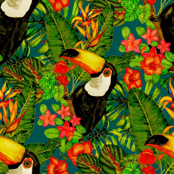 美丽的水彩画图案 热带花卉和树叶交织在一起 任何类型的设计都有鲜艳的夏装图案 奇异的丛林动物壁纸 时尚印刷品 — 图库照片