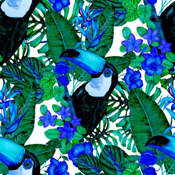 Piękny Akwarela Bezszwowy Wzór Ptakami Tropikalnych Kwiatów Liści Jasny Letni — Zdjęcie stockowe