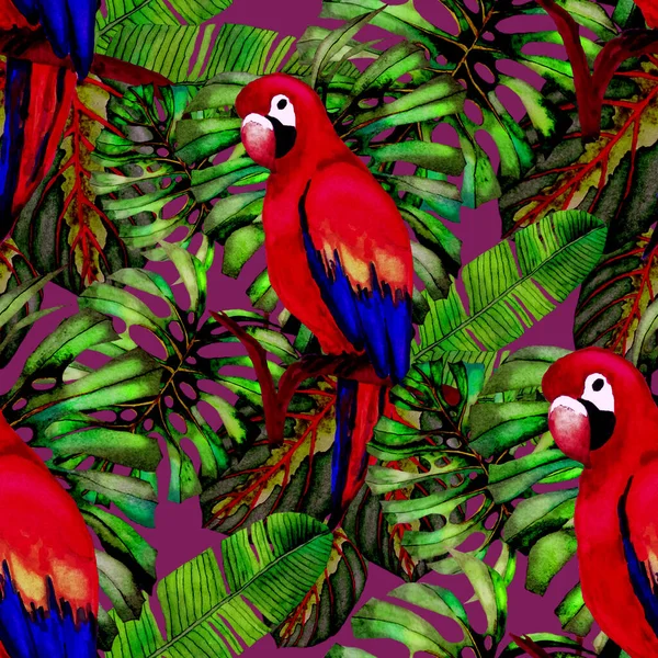 Kuşların, tropik çiçeklerin ve yaprakların olduğu kusursuz bir suluboya deseni. Her türlü tasarım için parlak bir yaz baskısı. Egzotik orman hayvanı duvar kağıdı. Moda baskısı.