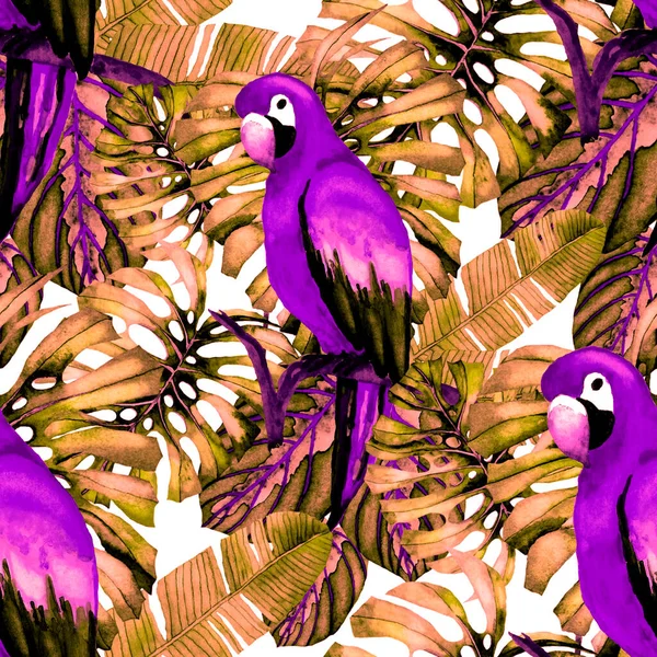 鳥や熱帯の花や葉と美しい水彩シームレスパターン どんなデザインのための明るい夏のプリント エキゾチックなジャングルの動物の壁紙 ファッション Print — ストック写真
