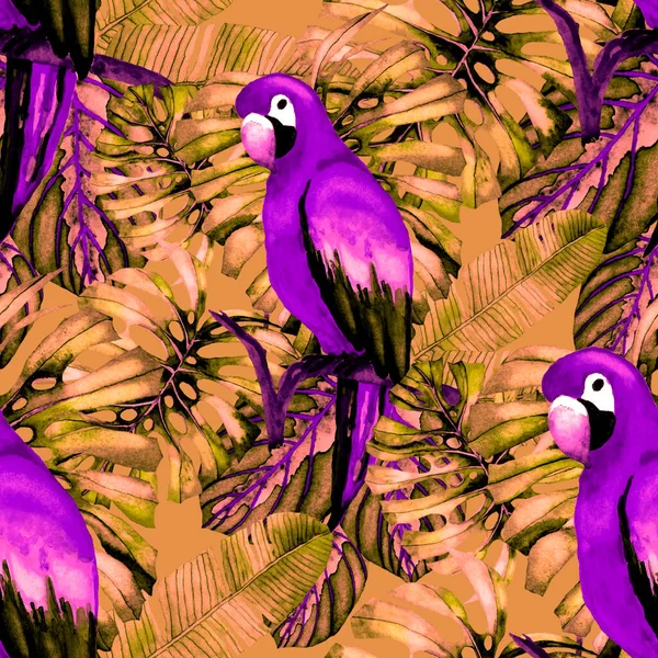 Beautiful Watercolor Seamless Pattern Birds Tropical Flowers Leaves Bright Summer — Stock Photo, Image