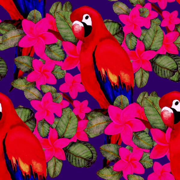 Beautiful watercolor seamless pattern with birds and tropical flowers and leaves. Bright summer print for any kind of design. Exotic jungle animal wallpaper. Fashion print.