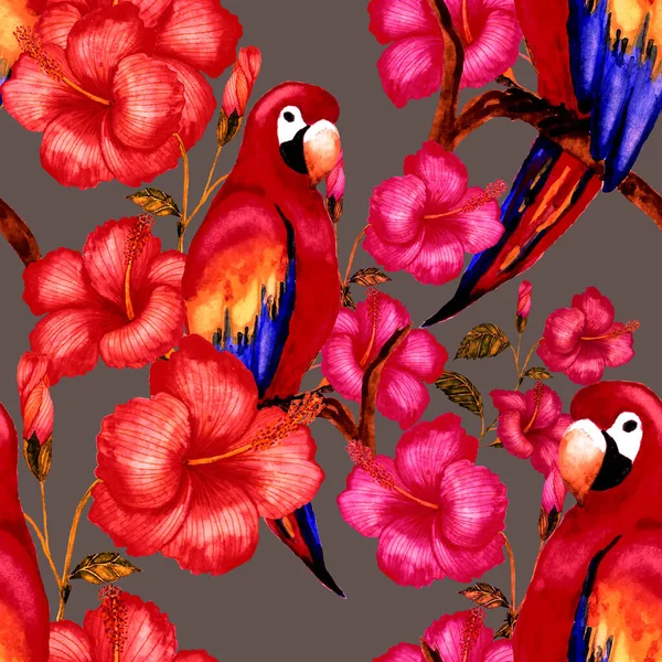 Beautiful Watercolor Seamless Pattern Birds Tropical Flowers Leaves Bright Summer — Stock Photo, Image