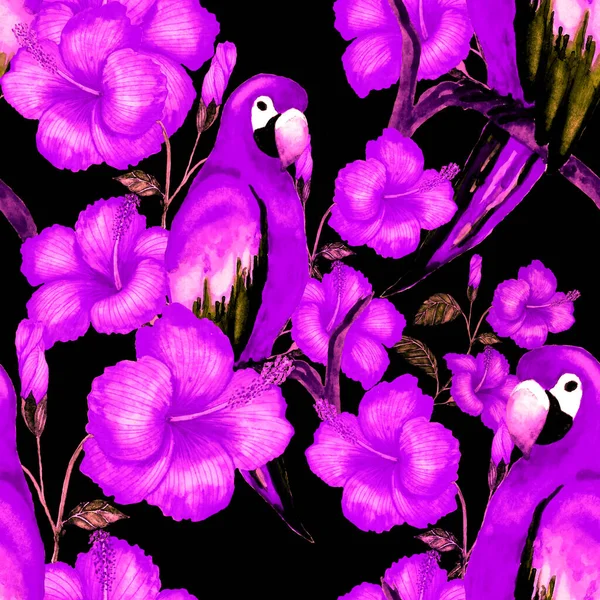 Hermoso Patrón Acuarela Sin Costuras Con Aves Flores Hojas Tropicales — Foto de Stock