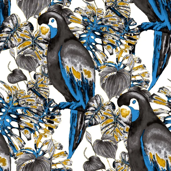 Beautiful Watercolor Seamless Pattern Birds Tropical Flowers Leaves Bright Summer — Stock Photo, Image