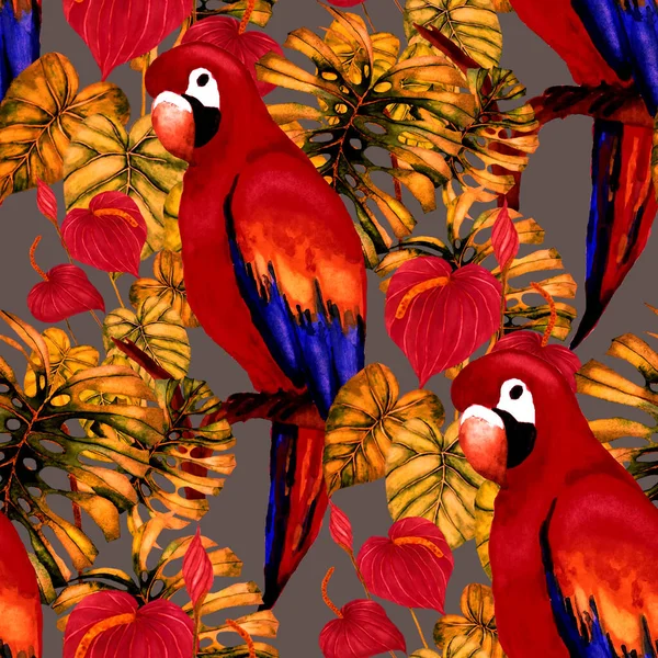 Beautiful Watercolor Seamless Pattern Birds Tropical Flowers Leaves Bright Summer — Stock Photo, Image