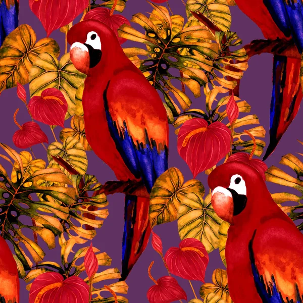 Hermoso Patrón Acuarela Sin Costuras Con Aves Flores Hojas Tropicales —  Fotos de Stock