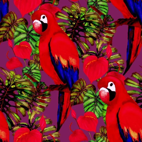 Kuşların, tropik çiçeklerin ve yaprakların olduğu kusursuz bir suluboya deseni. Her türlü tasarım için parlak bir yaz baskısı. Egzotik orman hayvanı duvar kağıdı. Moda baskısı.