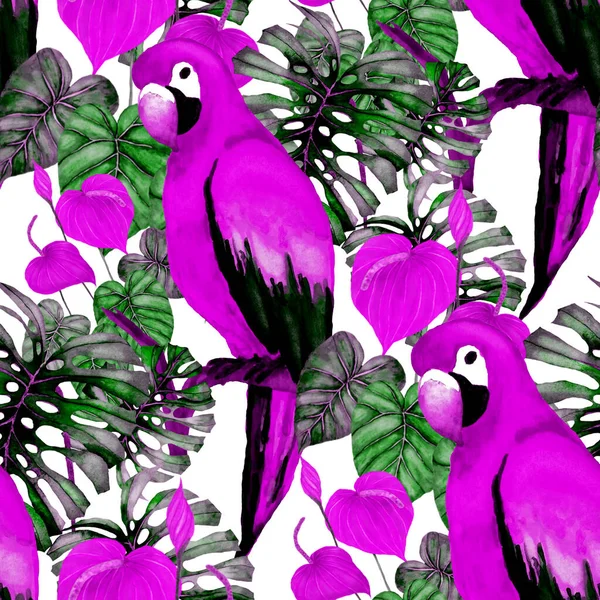 Beautiful watercolor seamless pattern with birds and tropical flowers and leaves. Bright summer print for any kind of design. Exotic jungle animal wallpaper. Fashion print.