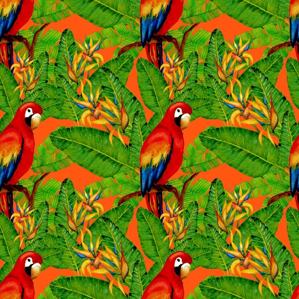 Beautiful Watercolor Seamless Pattern Birds Tropical Flowers Leaves Bright Summer — Stock Photo, Image