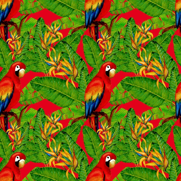 Kuşların, tropik çiçeklerin ve yaprakların olduğu kusursuz bir suluboya deseni. Her türlü tasarım için parlak bir yaz baskısı. Egzotik orman hayvanı duvar kağıdı. Moda baskısı.