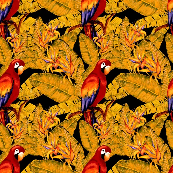 Beautiful Watercolor Seamless Pattern Birds Tropical Flowers Leaves Bright Summer — Stock Photo, Image