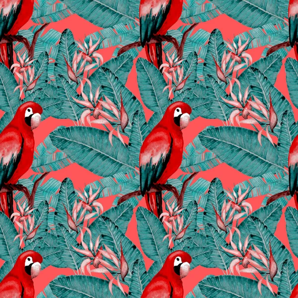 Beautiful Watercolor Seamless Pattern Birds Tropical Flowers Leaves Bright Summer — Stock Photo, Image