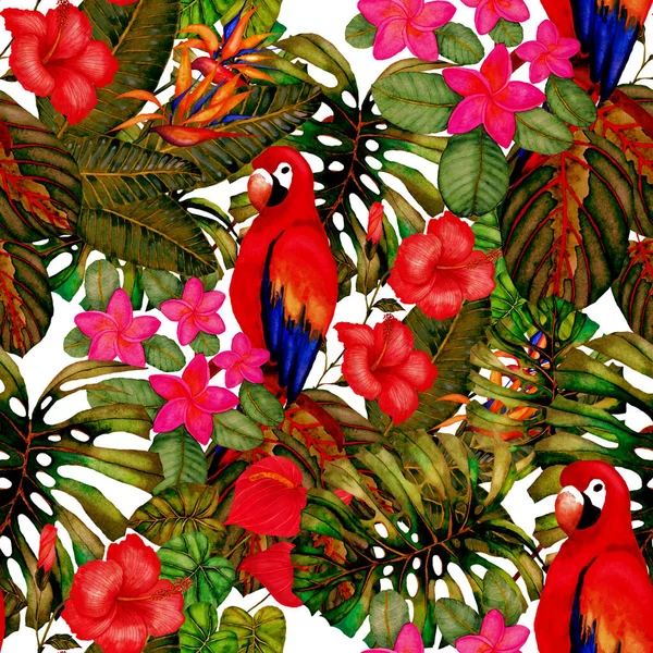 Beautiful watercolor seamless pattern with birds and tropical flowers and leaves. Bright summer print for any kind of design. Exotic jungle animal wallpaper. Fashion print.