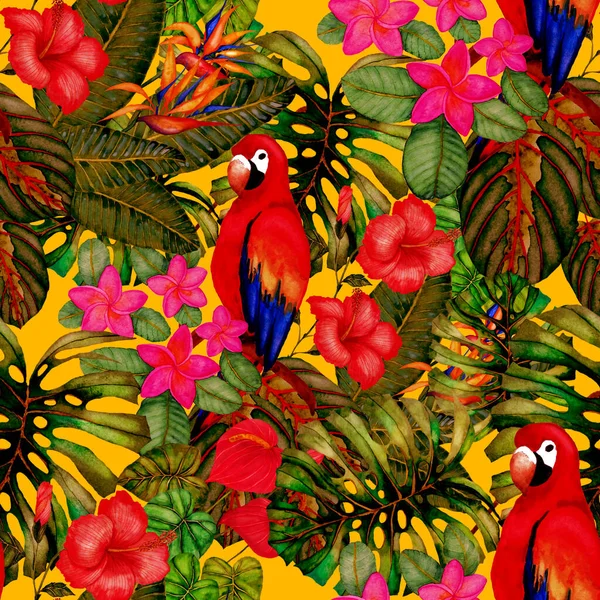 Beautiful watercolor seamless pattern with birds and tropical flowers and leaves. Bright summer print for any kind of design. Exotic jungle animal wallpaper. Fashion print.