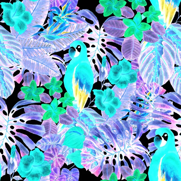 Beautiful Watercolor Seamless Pattern Birds Tropical Flowers Leaves Bright Summer — Stock Photo, Image