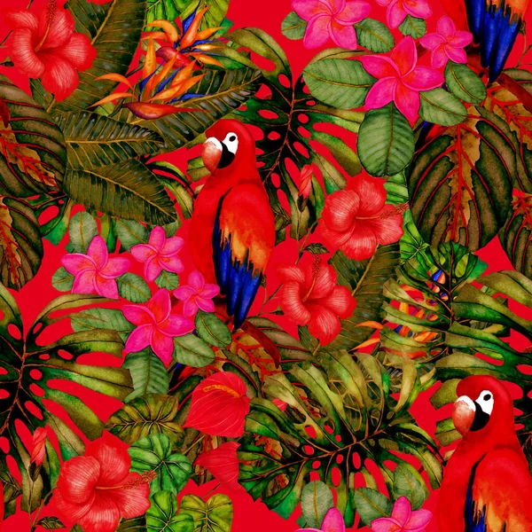 Hermoso Patrón Acuarela Sin Costuras Con Aves Flores Hojas Tropicales —  Fotos de Stock