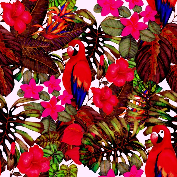 Schöne Aquarell Nahtlose Muster Mit Vögeln Und Tropischen Blumen Und — Stockfoto