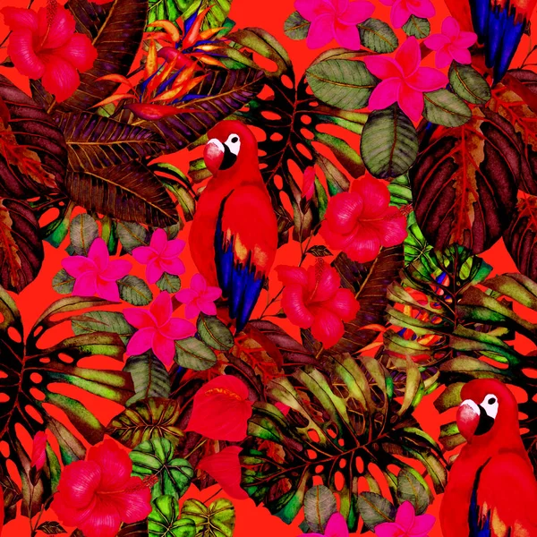 Красивий Акварельний Безшовний Візерунок Птахами Тропічними Квітами Листям Яскравий Літній — стокове фото