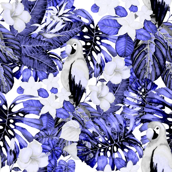 Smukke Akvarel Sømløse Mønster Med Fugle Tropiske Blomster Blade Lyse - Stock-foto