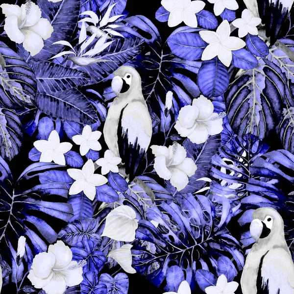 Beautiful watercolor seamless pattern with birds and tropical flowers and leaves. Bright summer print for any kind of design. Exotic jungle animal wallpaper. Fashion print.