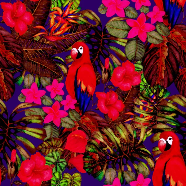 Gyönyörű Akvarell Zökkenőmentes Minta Madarak Trópusi Virágok Levelek Fényes Nyári — Stock Fotó