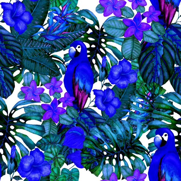 Frumos Model Fără Sudură Acuarelă Păsări Flori Tropicale Frunze Imprimare — Fotografie, imagine de stoc