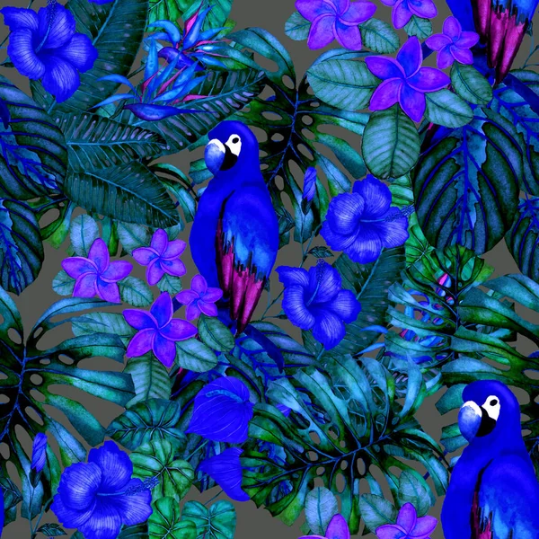 Smukke Akvarel Sømløse Mønster Med Fugle Tropiske Blomster Blade Lyse - Stock-foto