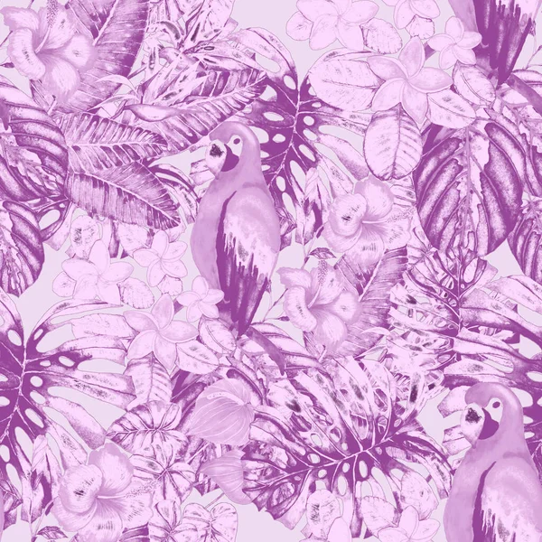 Beautiful watercolor seamless pattern with birds and tropical flowers and leaves. Bright summer print for any kind of design. Exotic jungle animal wallpaper. Fashion print.