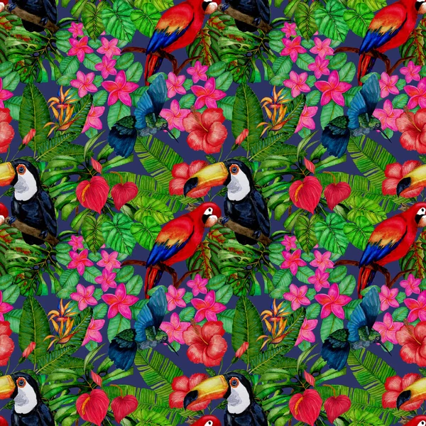 Beautiful Watercolor Seamless Pattern Birds Tropical Flowers Leaves Bright Summer — Stock Photo, Image