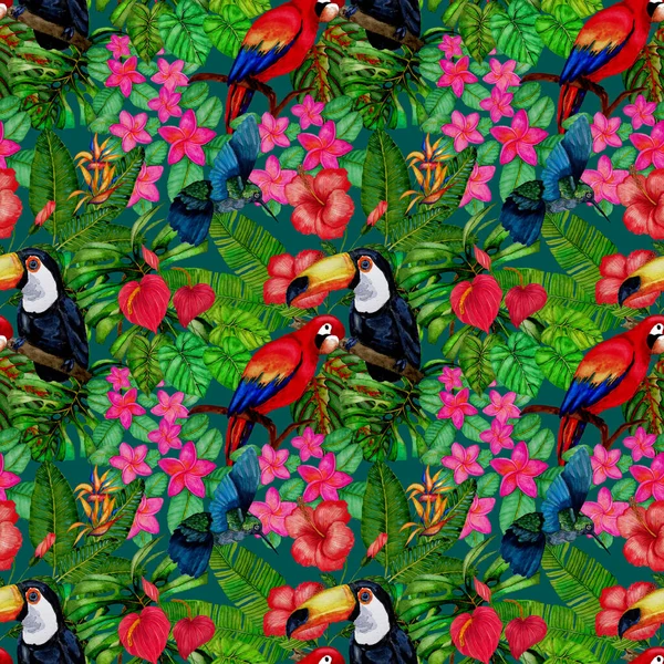 Beautiful watercolor seamless pattern with birds and tropical flowers and leaves. Bright summer print for any kind of design. Exotic jungle animal wallpaper. Fashion print.