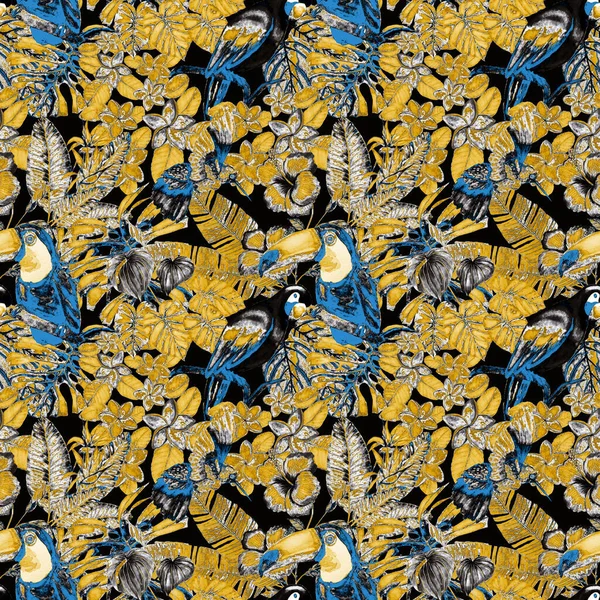 Kuşların, tropik çiçeklerin ve yaprakların olduğu kusursuz bir suluboya deseni. Her türlü tasarım için parlak bir yaz baskısı. Egzotik orman hayvanı duvar kağıdı. Moda baskısı.